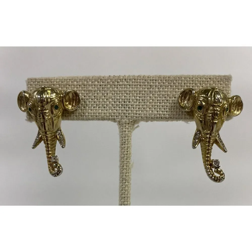 Vintage Elephant Pierced Earrings Rhinestone Gold Faux Emerald Eyes‎